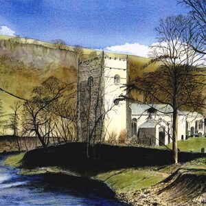 Carte de voeux : "Arncliffe Church" - carte d'anniversaire d'hiver, paysage, peinture d'église, scène du Yorkshire, rivière, d'après une peinture de Dave Marsh