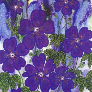 Grußkarte: "Geranimo" - Blumenkarte, Storchschnabel, Geranium, lila Blüten, veined Blätter, lila-blau, aus einem Gemälde von Liz Clarke