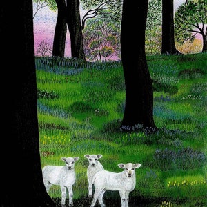 Tarjeta de felicitación: "Trío de primavera" - tarjeta de oveja, corderos, tarjeta de primavera, pintura de ovejas, tarjeta de animales, escena de primavera, de una pintura de Liz Clarke