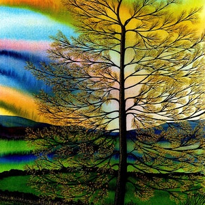 Greetings card: "Autumn magic" -  autumn/fall card, sunset sky, autumn tree, sheep, autumn colours, magical, from a painting by Liz Clarke