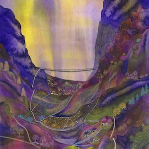 Cartão de felicitações: "Meander Valley" - cartão místico, cartão de fantasia, vale e montanhas, cartão de cores boho, de uma pintura de Liz Clarke