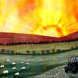 Greetings card: &quot;Greeting the dawn&quot; - Sheep card, winter birthday card, winter landscape, sunrise, frost, from a painting by Liz Clarke