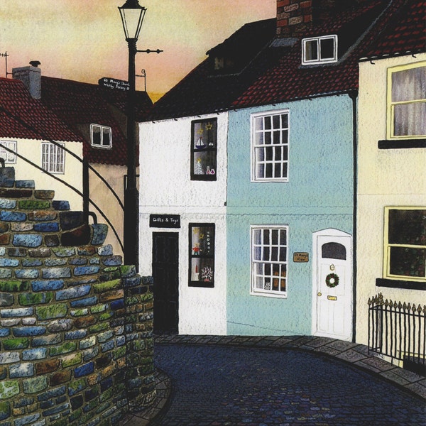 Greetings card: "Setts and steps, Whitby" -  seaside town,fishermen's cottages,cobbled street,Goth,from an original painting by Liz Clarke