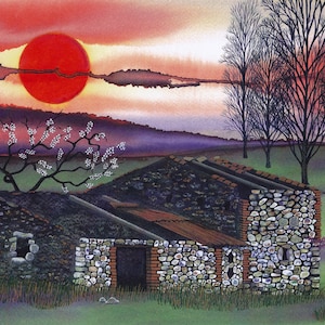 Wenskaart: "Sabina-zonsondergang" - landschapskaart, Italiaans landschap, rode zonsondergang, blanco kunstkaart, nieuwe thuiskaart, naar een schilderij van Liz Marsh