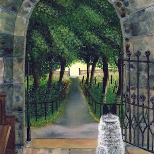 Greetings card &quot;Waiting&quot; -  dog card, border collie, black and white dog, church doorway, arch, path,from a painting by Liz Clarke