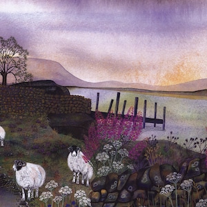 Greetings card: "Rose bay" - sheep card, landscape, moorland, lake scene, country scene, purple pink art, from a painting by Liz Clarke