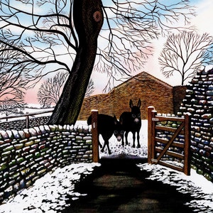Greetings card: &quot;Donkeys&#39; first snow&quot; -  donkey card, animal card, winter birthday card, snow scene, from a painting by Liz Clarke