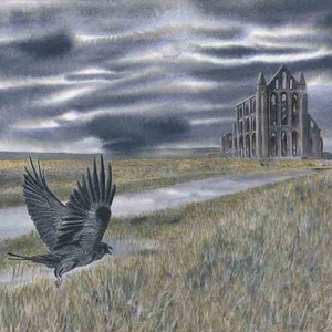 Carte de voeux : « Vol de nuit » - carte d'oiseau, carte de paysage, Whitby Abbey, Yorkshire, mystique, grise et noire, d'après un tableau de Dave Marsh