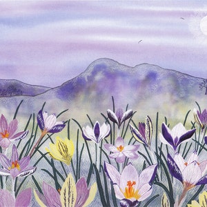 "Grußkarte: ""Krokus Mond"" - Blumenkarte, Krokusse, Frühlingskarte, Blumenkunstkarte, Frühlingsblumen, Geburtstag, nach einem Gemälde von Liz Clarke."