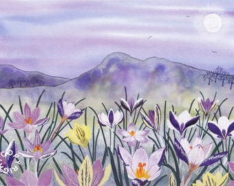 Carte de voeux: « Crocus moon » - carte de fleur, crocus, carte de printemps, carte d’art floral, fleurs de printemps, anniversaire, d’un tableau de Liz Clarke