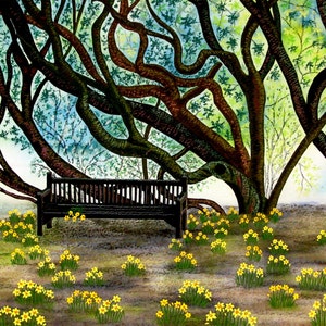 Wenskaart - "Het trefpunt"-spring verjaardagskaart Paaskaart, narcissen, Lentebloemen, bomen, van een schilderij van Liz Clarke