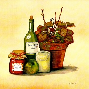 Tarjeta de saludos: "Grupo" de otoño - otoño / fall tarjeta, Bodegón, botella de vino, manzana, vela, mermelada, arte de cocina, de una pintura de Liz Clarke