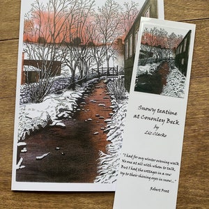 Kaart & bladwijzer - "Snowy teatime at Cononley Beck" - Winterkaart met bijpassende bladwijzer, inspirerend citaat, van een schilderij van Liz Clarke