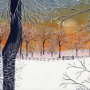 Carte de voeux : « Owl's winter sunset » - carte de hibou, chouette effraie des clochers, carte d'oiseau, carte d'anniversaire d'hiver, scène de neige, d'après un tableau de Liz Clarke