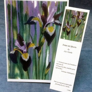 Scheda & scheda di fiore segnalibro - "Iris all'alba" - con corrispondenza segnalibro, citazione ispiratrice, carta di compleanno, da un dipinto di Liz Clarke
