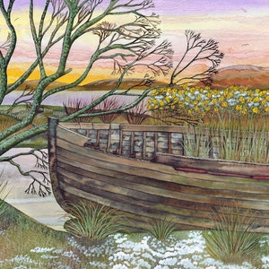 Carte de vœux: « Backwater » - carte de paysage d’hiver, peinture de bateau, scène côtière, vieux bateau, carte d’art, d’après une peinture de Liz Marsh