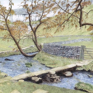 Grußkarte: “Malham Cove” - Yorkshire Dales, Landschaft, Landschaft, Felskletterer, Brücke, Bach, Brücke, nach einem Gemälde von Dave Marsh