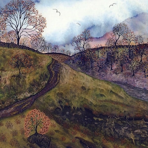 Cartão de felicitações: "Caminho de outono" - cartão de outono, paisagem de outono, caminho, rio, cores de outono, de uma pintura de Liz Clarke