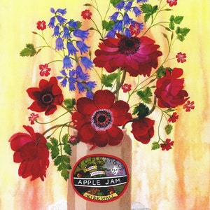 Greetings card: &quot;Jampot bouquet&quot; - still life card, anenomes, vintage stone jam pot, red flowers, kitchen art, from a painting by Liz Clarke