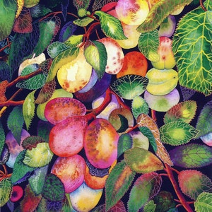 Carte de voeux : « Plum tumble » - carte de feuilles et de fruits, carte automne/automne, prunes, prunier, d'après une peinture de Liz Clarke