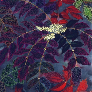 Greetings card: "Joy of winter" - leaf card, red leaves, foliage art, japonica mahonia, winter birthday card, from a painting by Liz Clarke