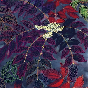 Greetings card: "Joy of winter" - leaf card, red leaves, foliage art, japonica mahonia, winter birthday card, from a painting by Liz Clarke