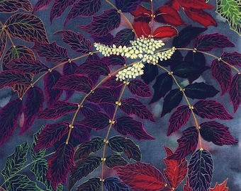 Greetings card: "Joy of winter" - leaf card, red leaves, foliage art, japonica mahonia, winter birthday card, from a painting by Liz Clarke