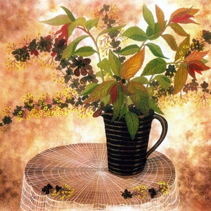 Carte de voeux: « Little brown jug » - automne / fall carte, jug brun, feuilles d'automne, feuillage, nature morte, d'un tableau de Liz Clarke