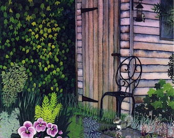 Carte de salutation: « Twilight garden » - abri de jardin, scène de jardin, pot de fleurs, écureuil, soirée, d’une peinture originale par Liz Clarke