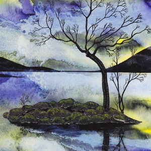 Carte de vœux: « Equinox » - carte de paysage, scène de lac, île, arbre nu, changement de saison, eau, reflet, d’après un tableau de Liz Clarke