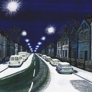 Biglietto di auguri: "Notte innevata a Peckham" - biglietto di compleanno invernale, scena innevata, strada invernale, Londra, notte, da un dipinto di Liz Clarke