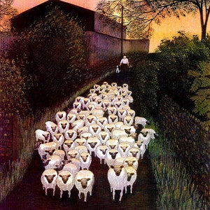 Greetings card: &quot;Golden fleece&quot; - sheep card, sunset, hill, farmer, sheep coming home, shepherd, country lane, from a painting by Liz Clarke