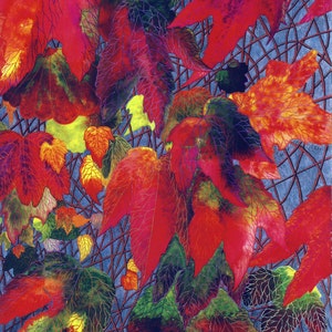 Carte de voeux: « Feu du automne » - carte feuille, feuilles rouges, carte automne, peinture de feuillage, vigne vierge, d'un tableau de Liz Clarke