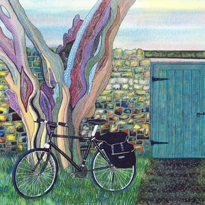 Carte de salutation: "Magical mystery tour" - carte mystique,bicycle,carte pour cycliste, mur arc-en-ciel, pierres colorées, à partir d’un tableau de Liz Clarke
