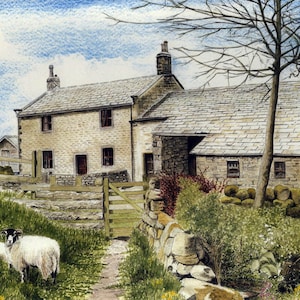 Carte de voeux: « Moorside Farm » - ferme, moutons, campagne, paysage, scène rurale, vieille grange, d’après un tableau de Dave Marsh