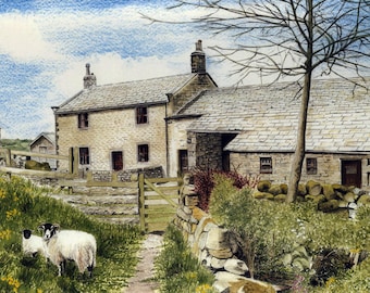 Greetings card: "Moorside Farm" -  farmhouse, sheep, countryside, landscape, rural scene, old barn, from a painting by Dave Marsh