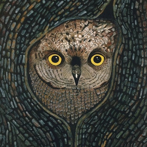 Greetings card: &quot;Owl&quot; -  bird card, owl painting, owl&#39;s eyes, tree bark, Halloween, from an original mixed media painting by Liz Clarke