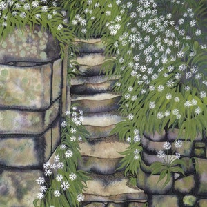 Tarjeta de felicitación: "Rescate" - tarjeta de flores, flores de ajo silvestre, flores blancas, escalones antiguos, tarjeta de flores silvestres, de una pintura de Liz Marsh