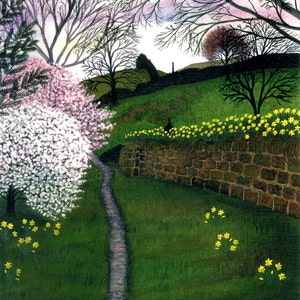 Grußkarte - "Hope Way" - Frühlingsgeburtstagskarte, Landschaft, Blüte, Narzissen, Frühlingsblumen, gute Besserung, nach einem Gemälde von Liz Clarke