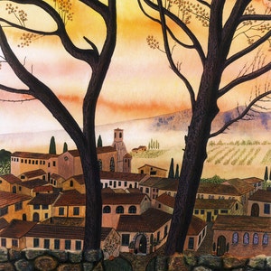 Tarjeta de saludo: «Serenissimo"- tarjeta de paisaje italiano, árbol, otoño/otoño tarjeta, Toscana, pueblo italiano, de una pintura de Liz Clarke