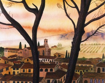 Greetings card: "Serenissimo" -  Italian landscape card, tree card, autumn/fall card, Tuscany, Italian village,from a painting by Liz Clarke