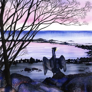 Biglietto d'auguri: "Lonely sea" - bird card, cormorano, costa, paesaggio marino, rosa, blues, da un originale dipinto multimediale misto di Liz Clarke