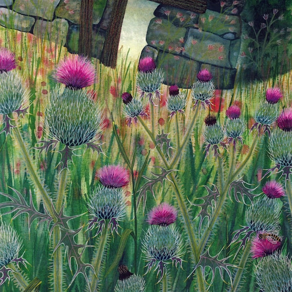 Carte de voeux : « Thistledom » - carte de fleurs, chardons, jardin sauvage, style campagnard, scène de campagne, d'après une peinture originale de Liz Clarke