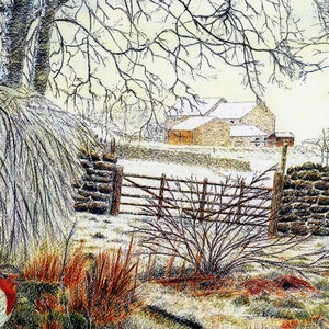 Wenskaart: "Robin's Way" - vogelkaart, winterverjaardagskaart, robinkaart, sneeuwtafereel, wintervakantiekaart van een schilderij van Dave Marsh