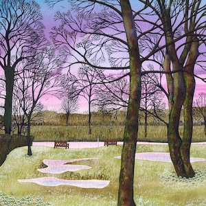 Carte de vœux: « The Sheepwash, Topcliffe » - carte de paysage, arbres nus, coucher de soleil d’hiver, bord de la rivière, à partir d’une peinture originale de Liz Marsh