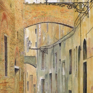 Carte de voeux: « Siesta » - carte de paysage, scène de rue italienne, vieux bâtiments, rue déserte, Toscane, d’un tableau de Dave Marsh