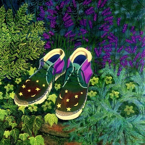 Greetings card: &quot;Anna&#39;s clogs&quot; -  mystical / boho card, boots, heather, stars and moons, purple,from an original painting by Liz Clarke