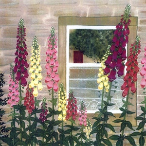 Grußkarte: "Fingerhut an einem Ferienhaus-Fenster" - Blume Karte, Bauerngarten, Fenster, Spitzevorhang, aus einem Gemälde von Liz Clarke