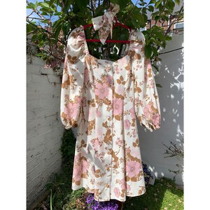 Brown Pink Puff Sleeve Dress image 1