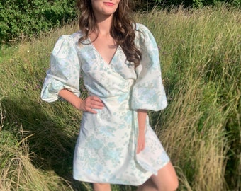 Puff Sleeve Repurposed Wrap Dress